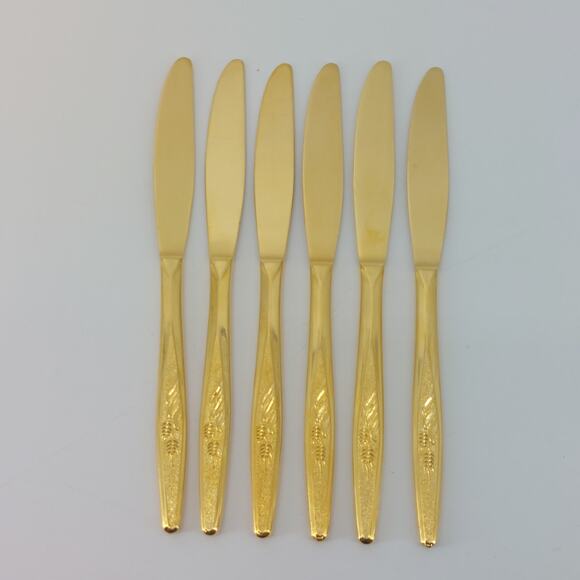 Gold Tone Wheat Flatware Dinner Knifes  Stainless Japan Hollywood Regency - Picture 1 of 11